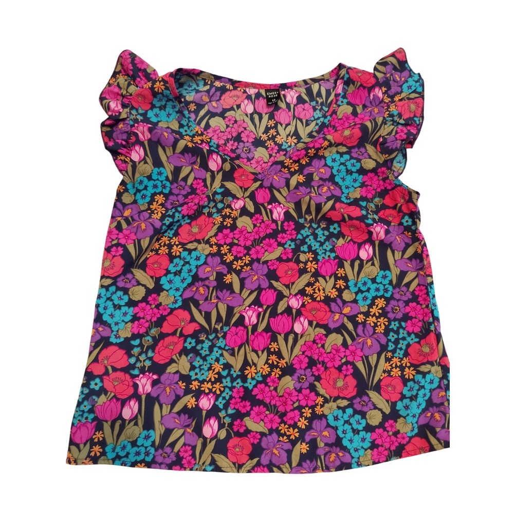 Emery Rose Floral Ruffle Cap Sleeve V-Neck Blouse Pink Purple Navy XS